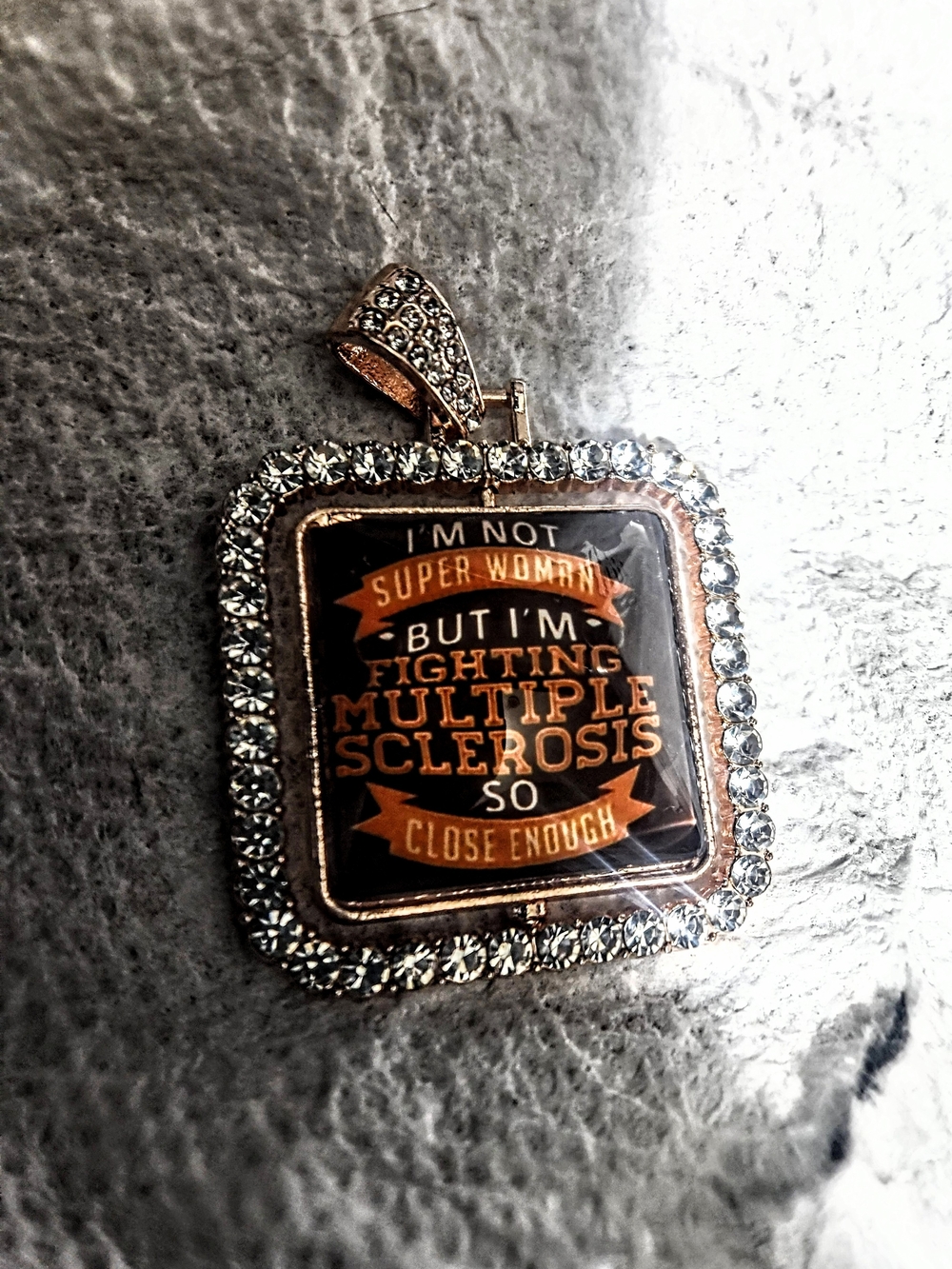 Rhinestone Square Pendant - MS Awareness Message - Rose Gold & Black